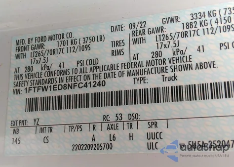 2022 Ford F-150 Xl z USA, uszkodzony, nr VIN 1FTFW1ED8NFC41240